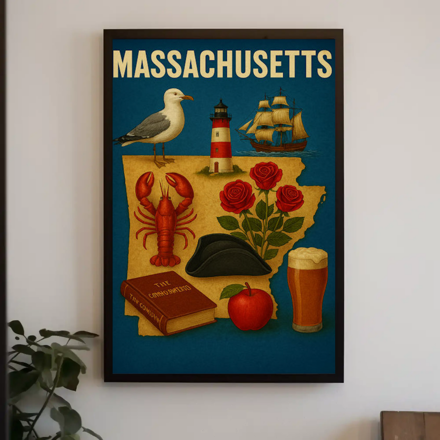 Massachusetts Symbols Map Lobster Ship Hat Poster