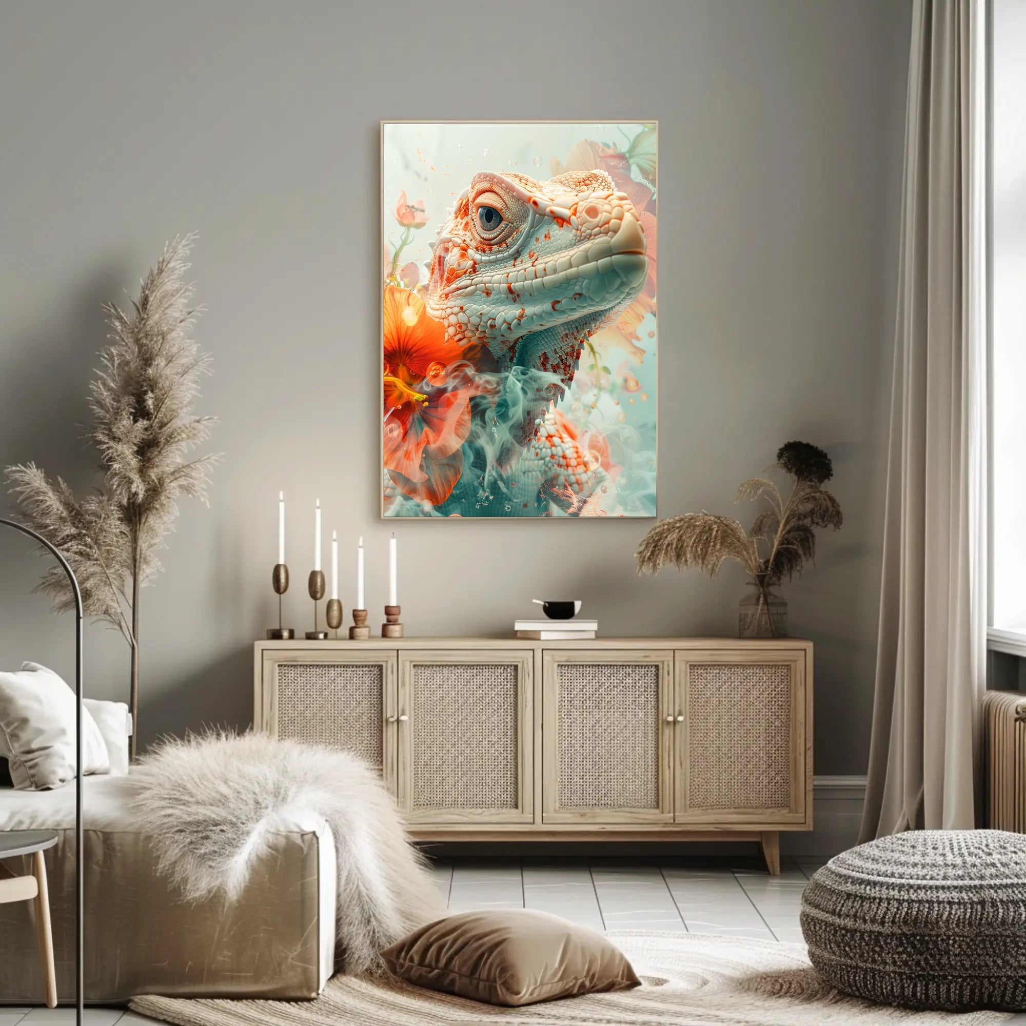 Lizard and Flowers: Ethereal Nature Art Poster PosterGoat