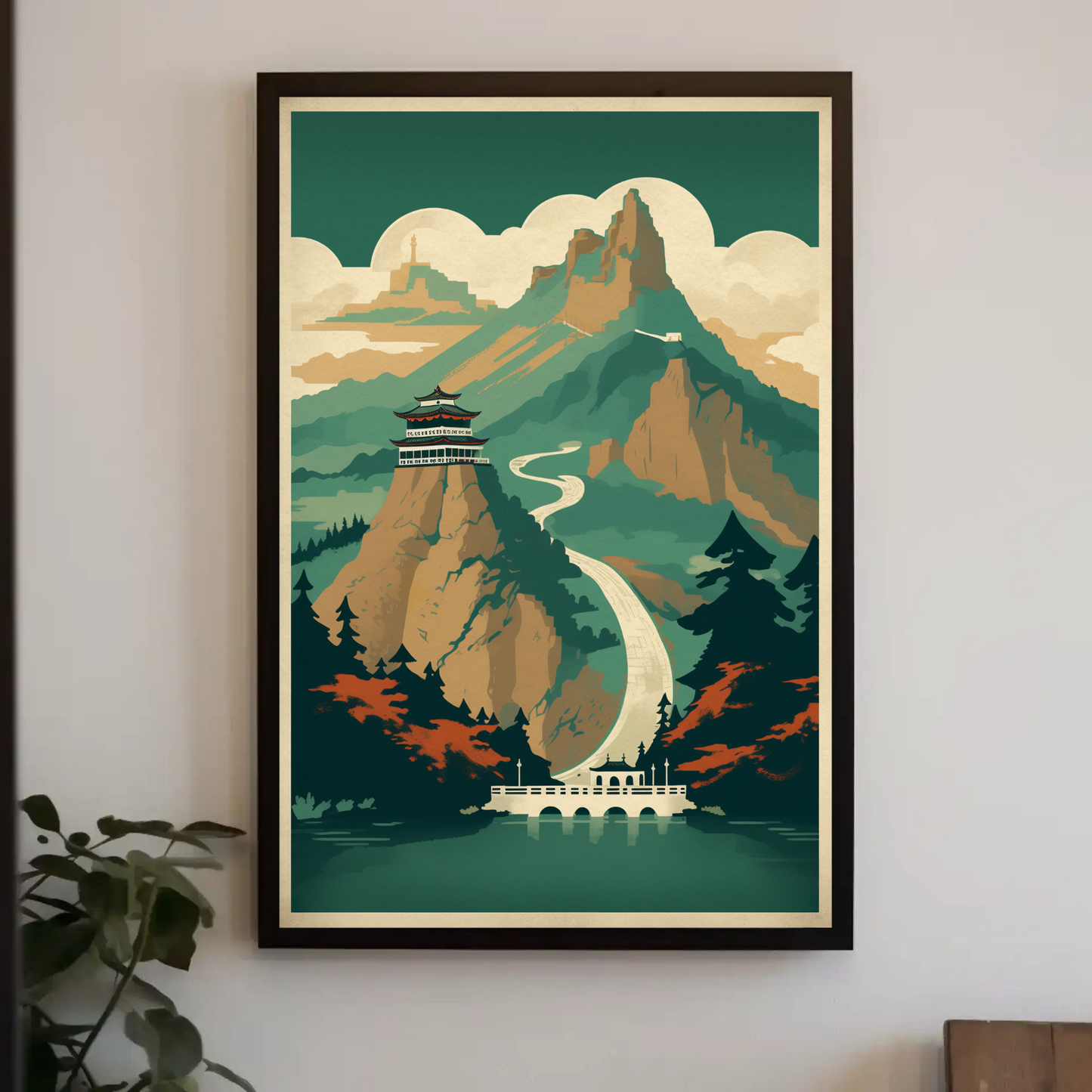 Chinese Mountain Temple Path Scenic View Travel Poster