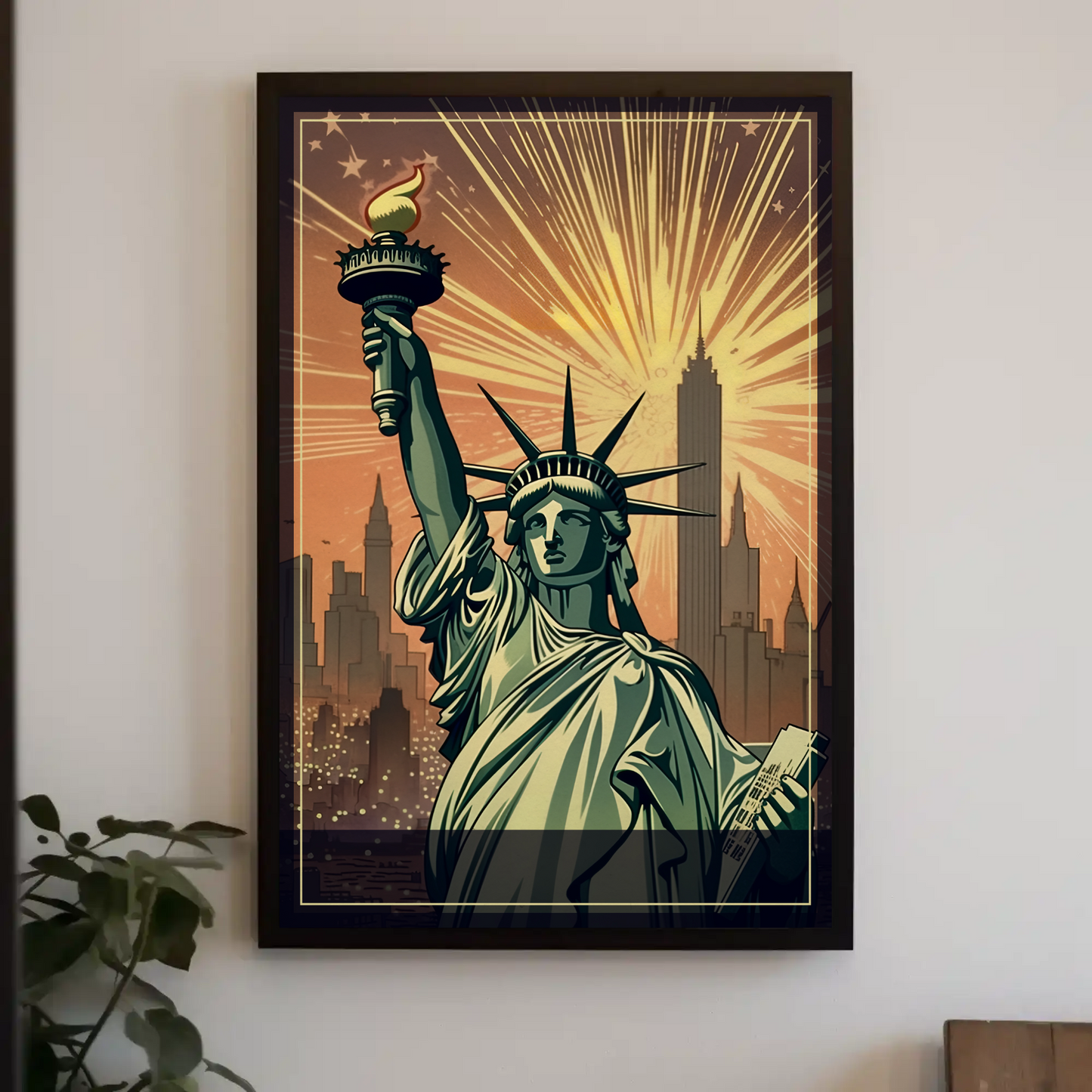 Statue Of Liberty Fireworks Skyline Travel Poster