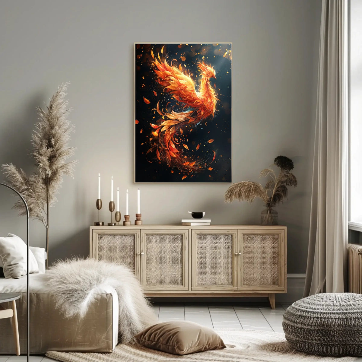 Phoenix Rebirth Modern Art Poster: Vibrant Fantasy Decor