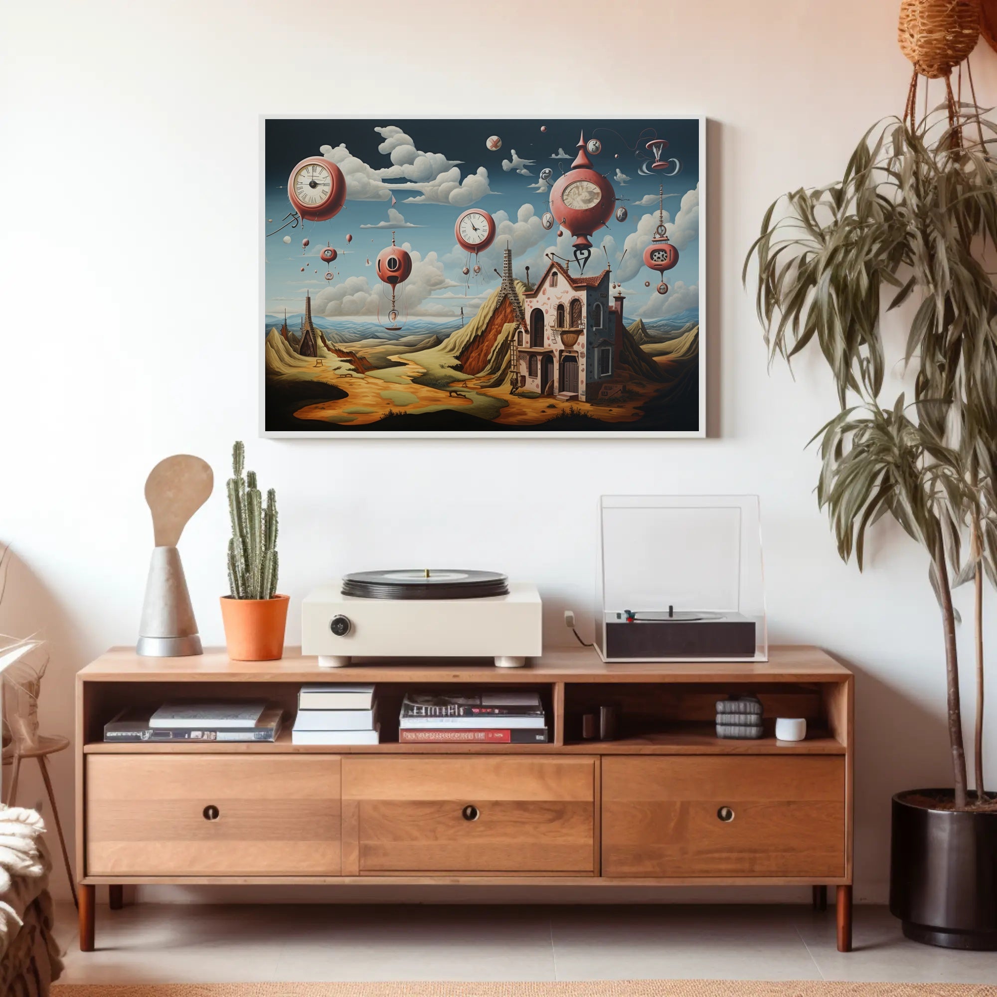 Surreal Dreamscape with Floating Clocks Fantasy Poster