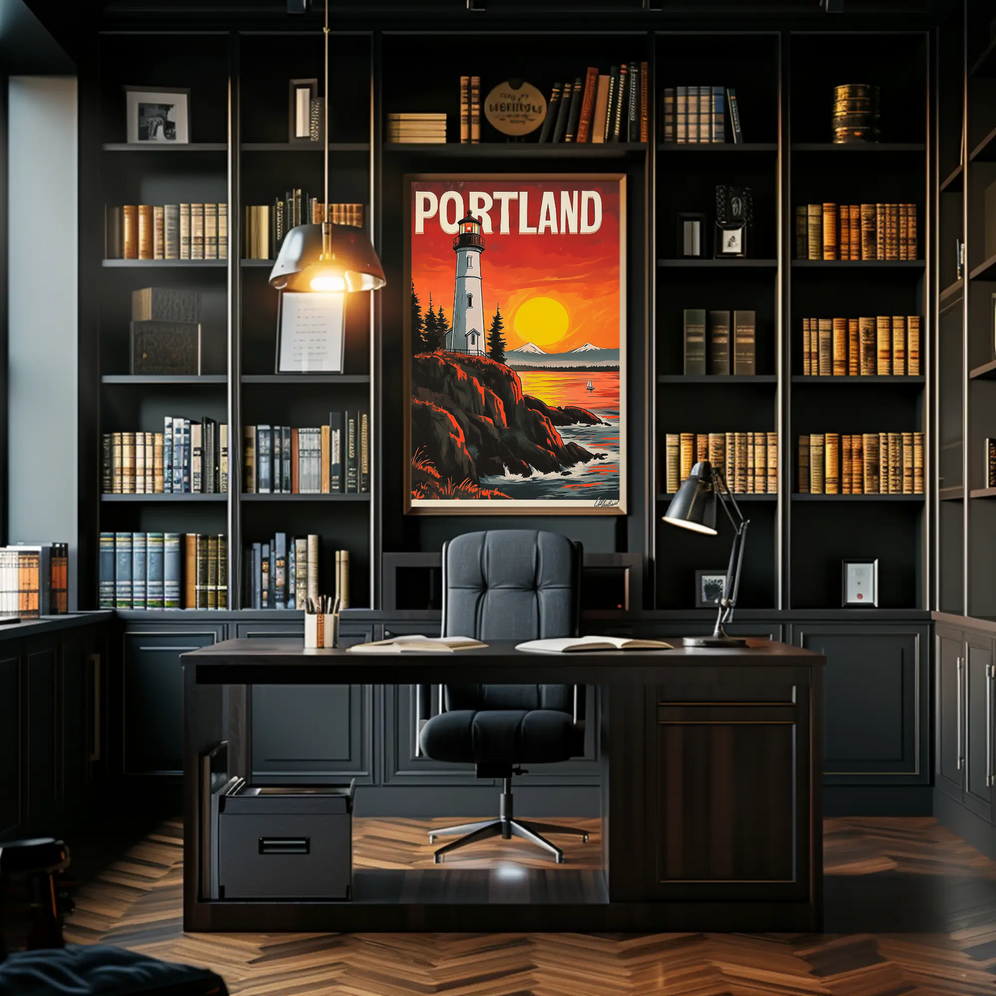 Portland Vintage Poster - Lighthouse at Sunset