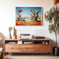 Surreal Desert Dreamscape With Whimsical Fish Objects - Artistic Poster