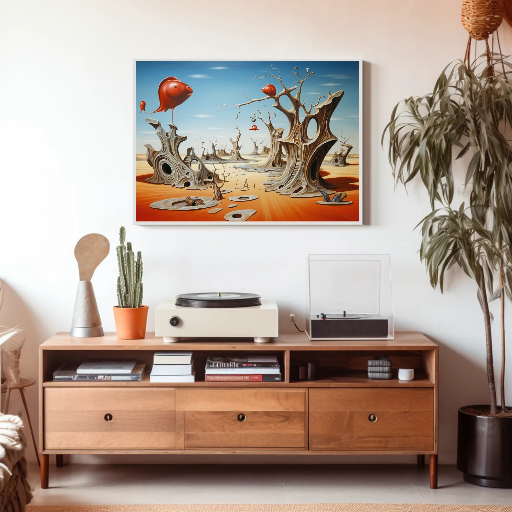 Surreal Desert Dreamscape With Whimsical Fish Objects - Artistic Poster