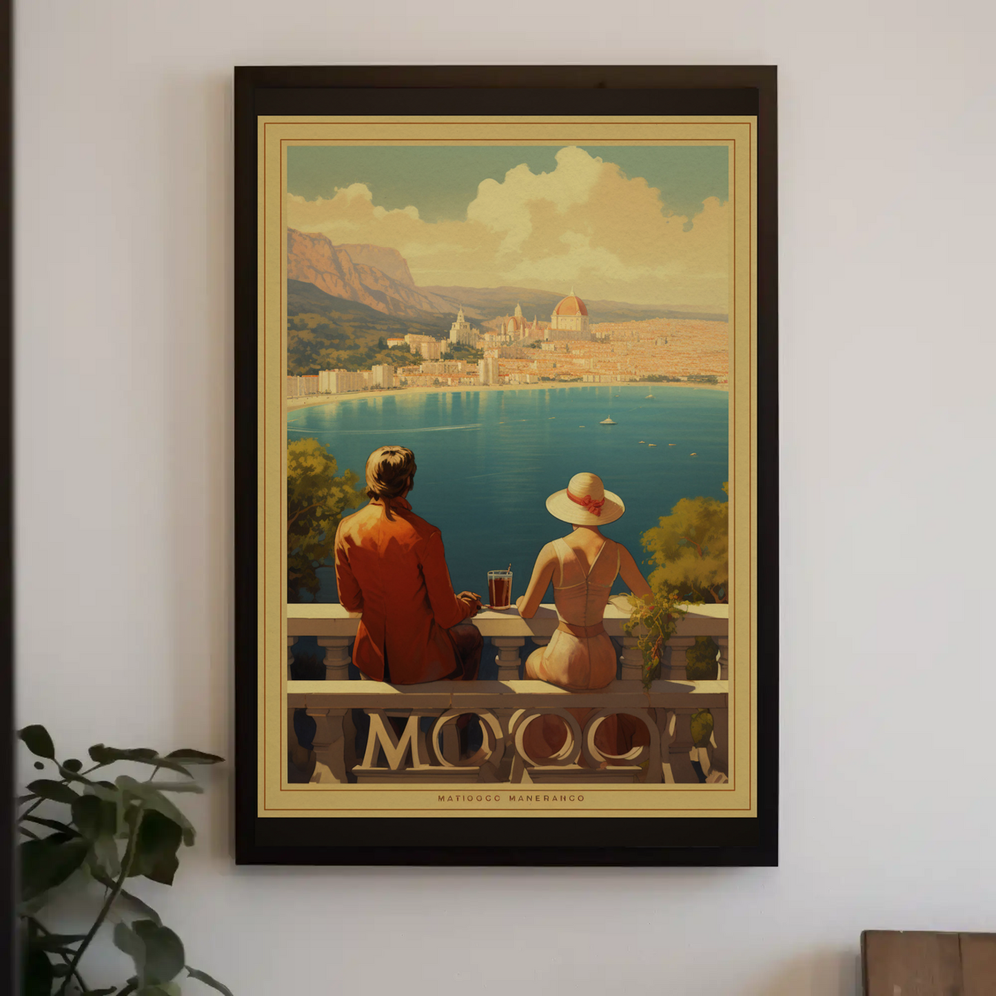 Romantic Coastal City Balcony Couple View Sunset Travel Poster