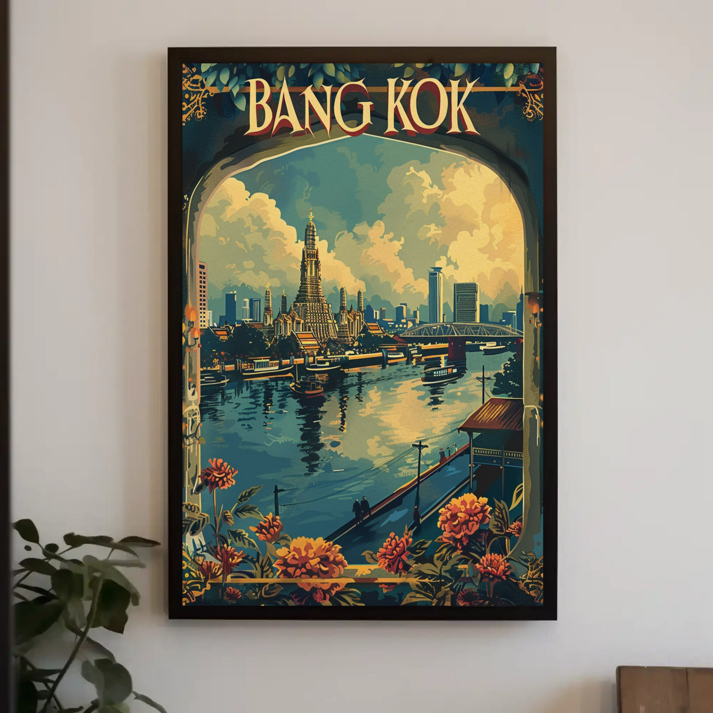 Bangkok Wat Arun Flowers Riverside City Thailand Travel Poster