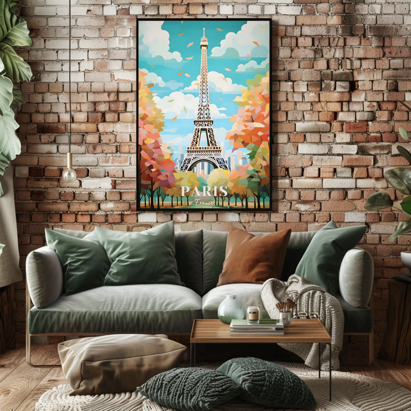 Paris France Eiffel Tower Autumn Leaves Vintage Travel Poster