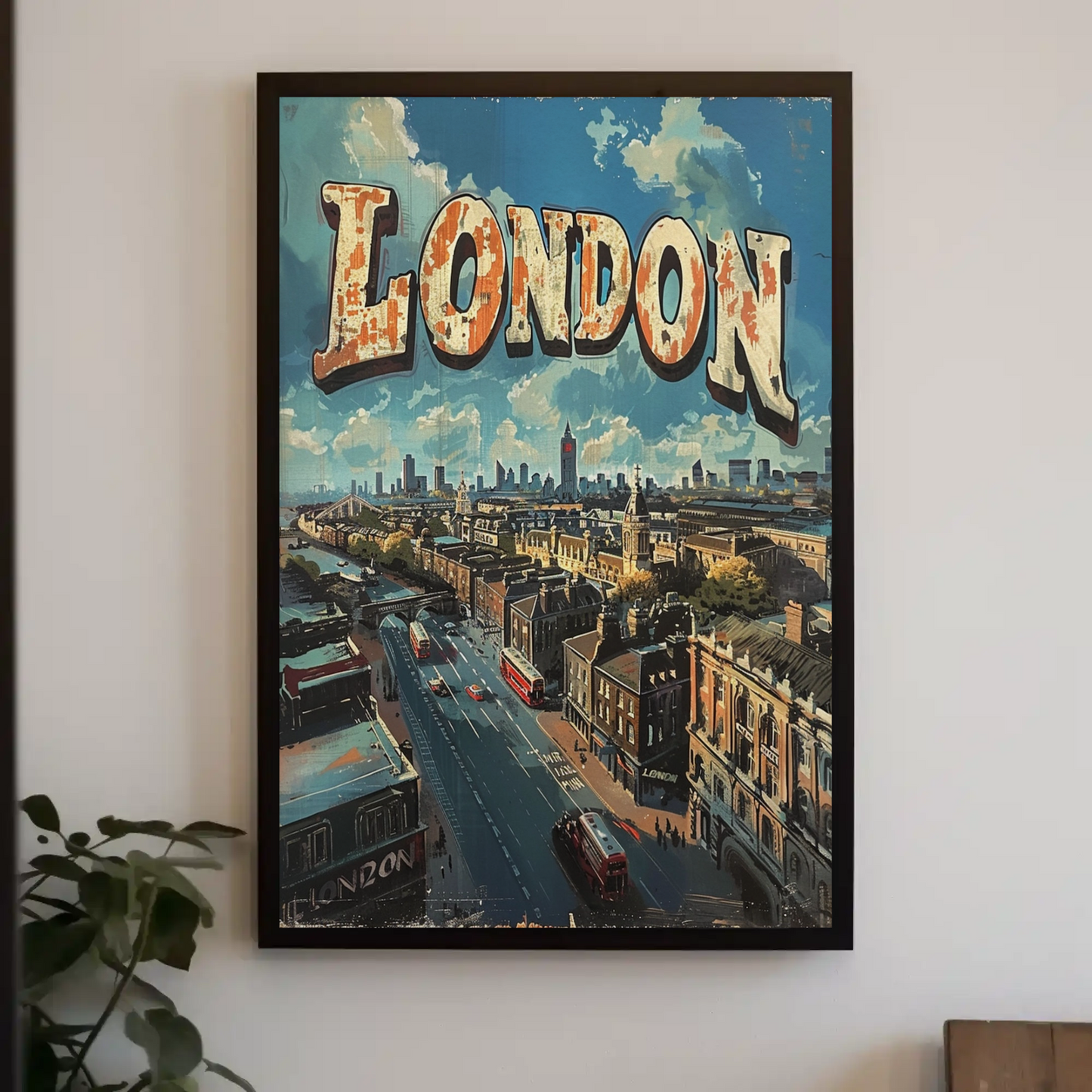 London Rooftop Cityscape Red Bus Skyline Travel Poster