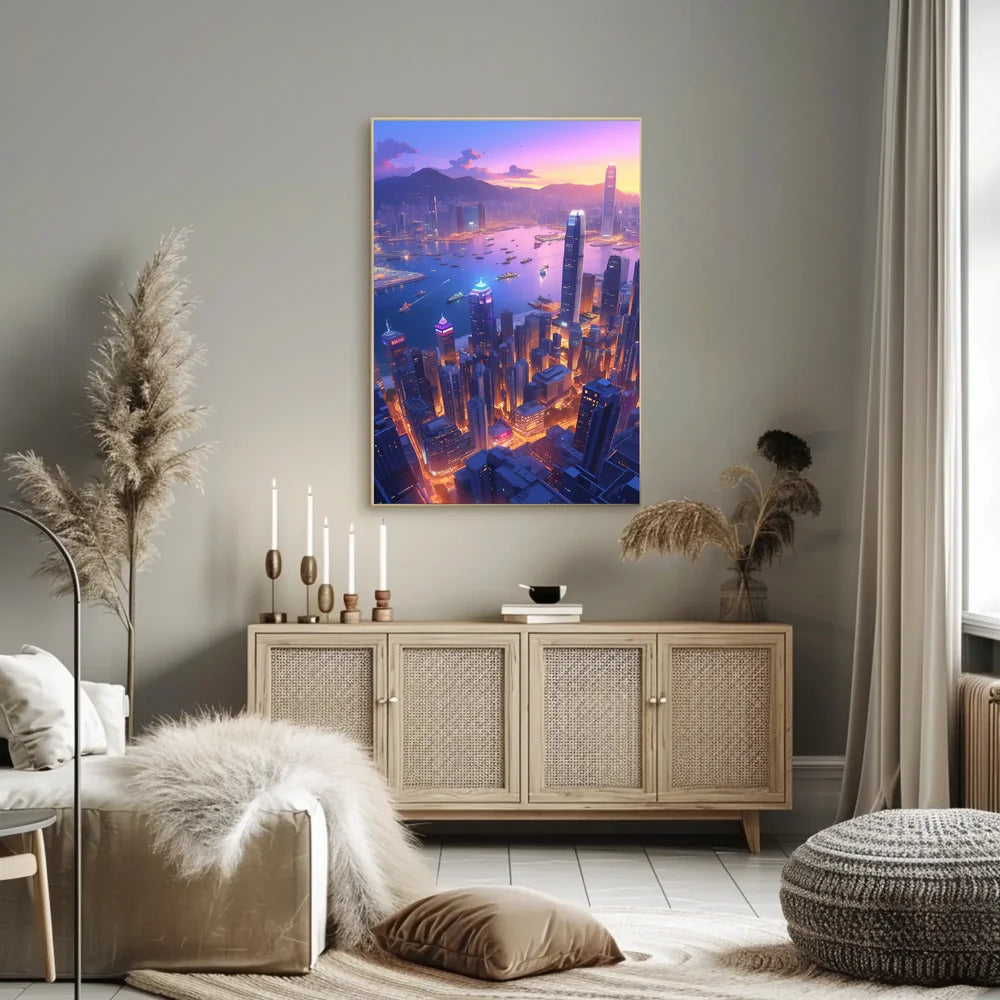 Futuristic Cityscape Poster: Neon Harbor at Dusk