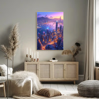 Futuristic Cityscape Poster: Neon Harbor at Dusk