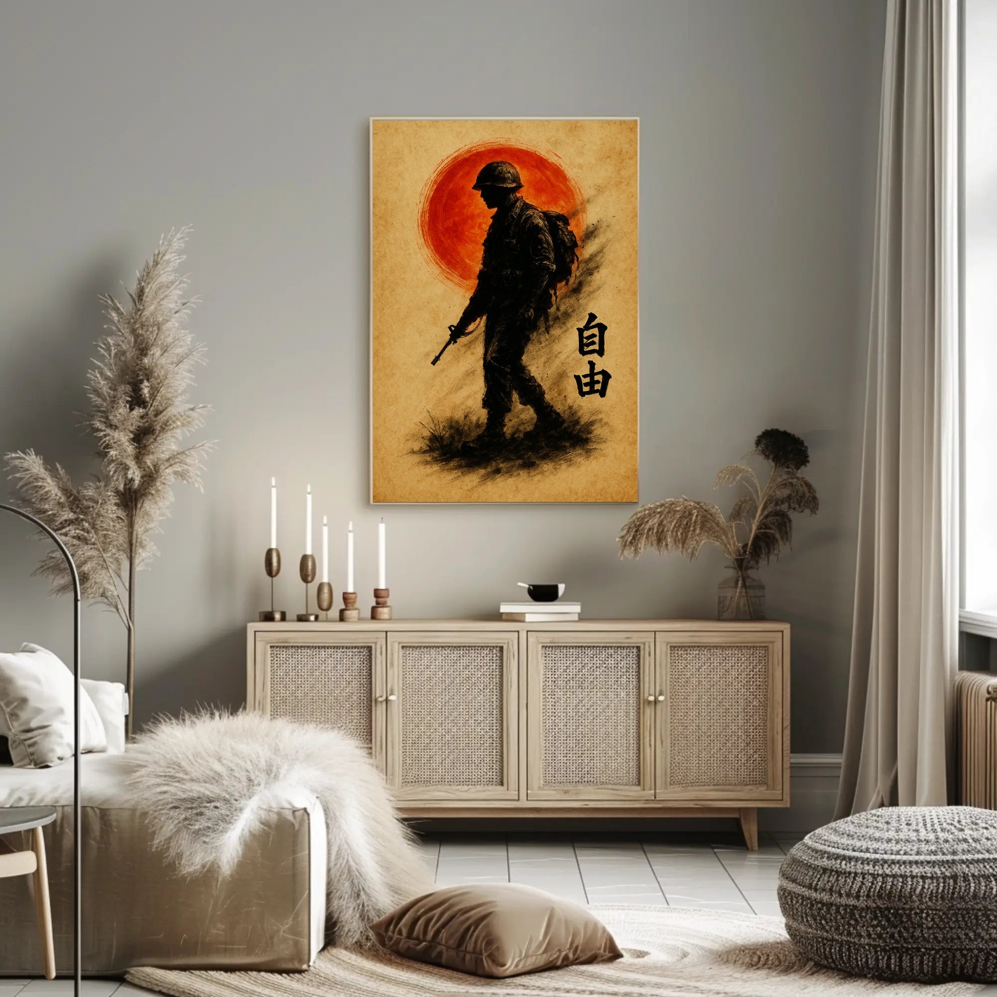Silhouette Soldier with Crimson Sun WWII Poster