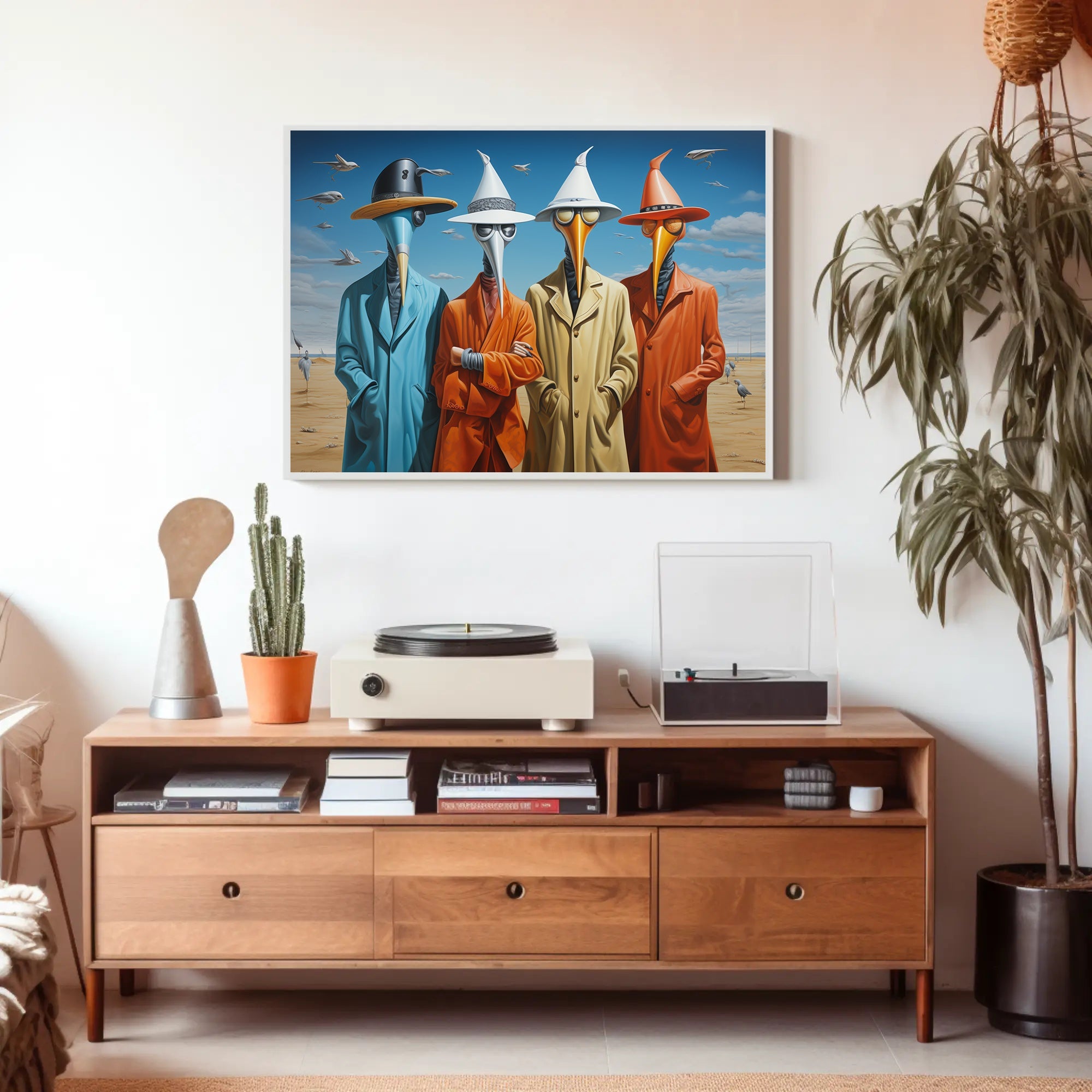 Surreal Characters in Elongated Beak Masks: Artistic Poster