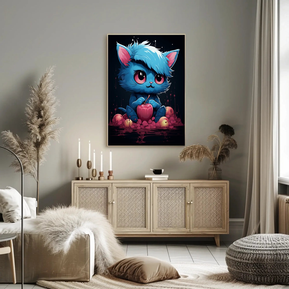 Enigmatic Blue Cat With Apple Poster