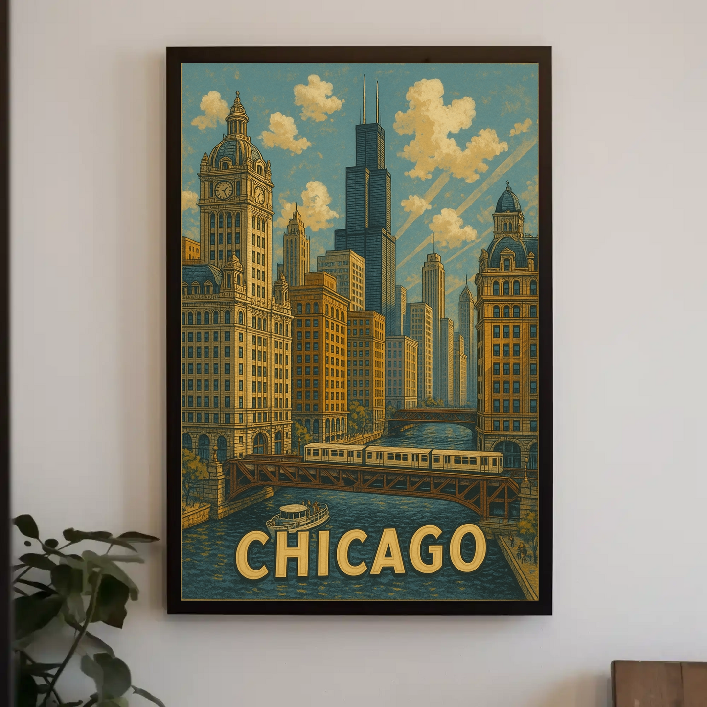 Chicago River Bridge Willis Tower Urban Travel Poster