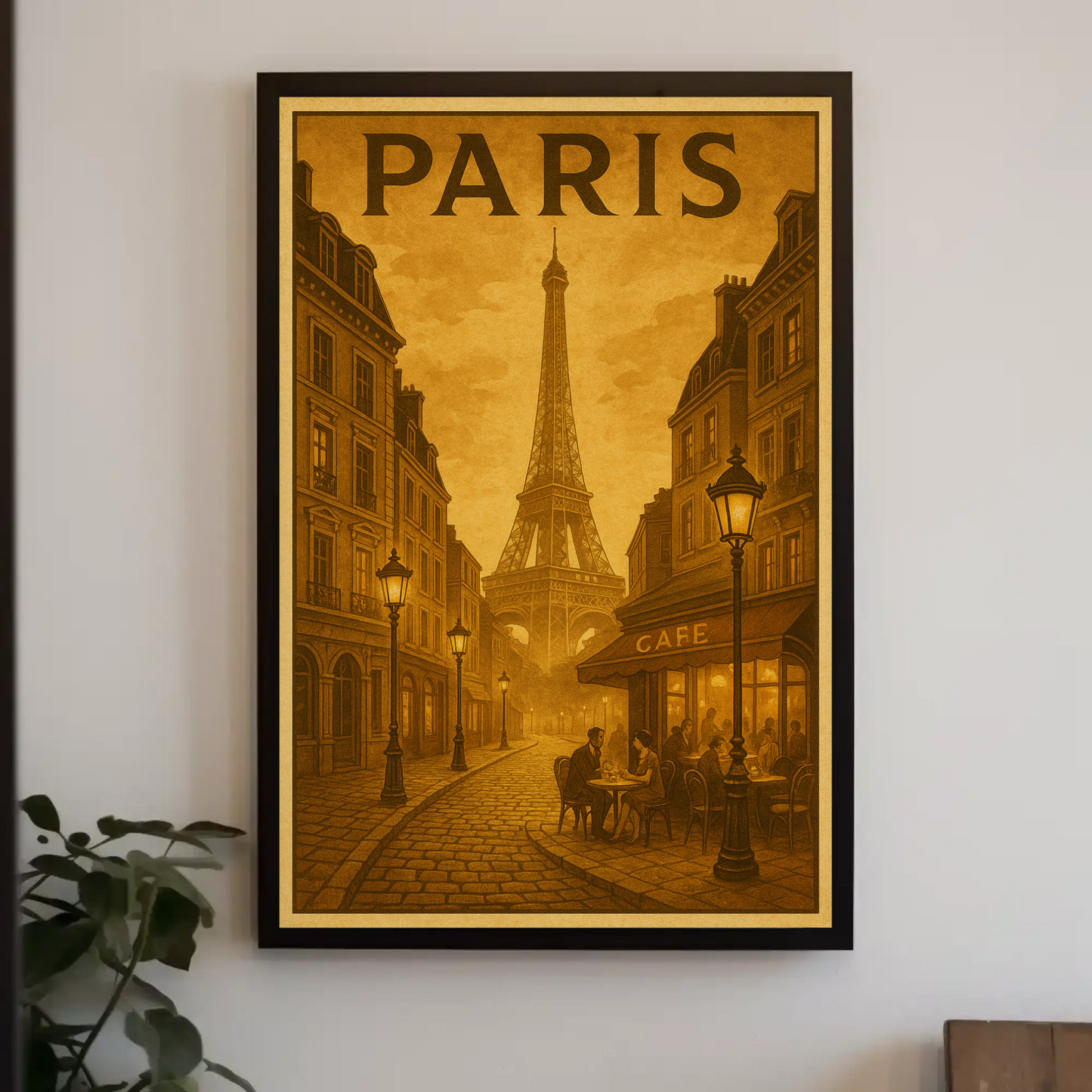 Paris Café Eiffel Sepia Travel Poster