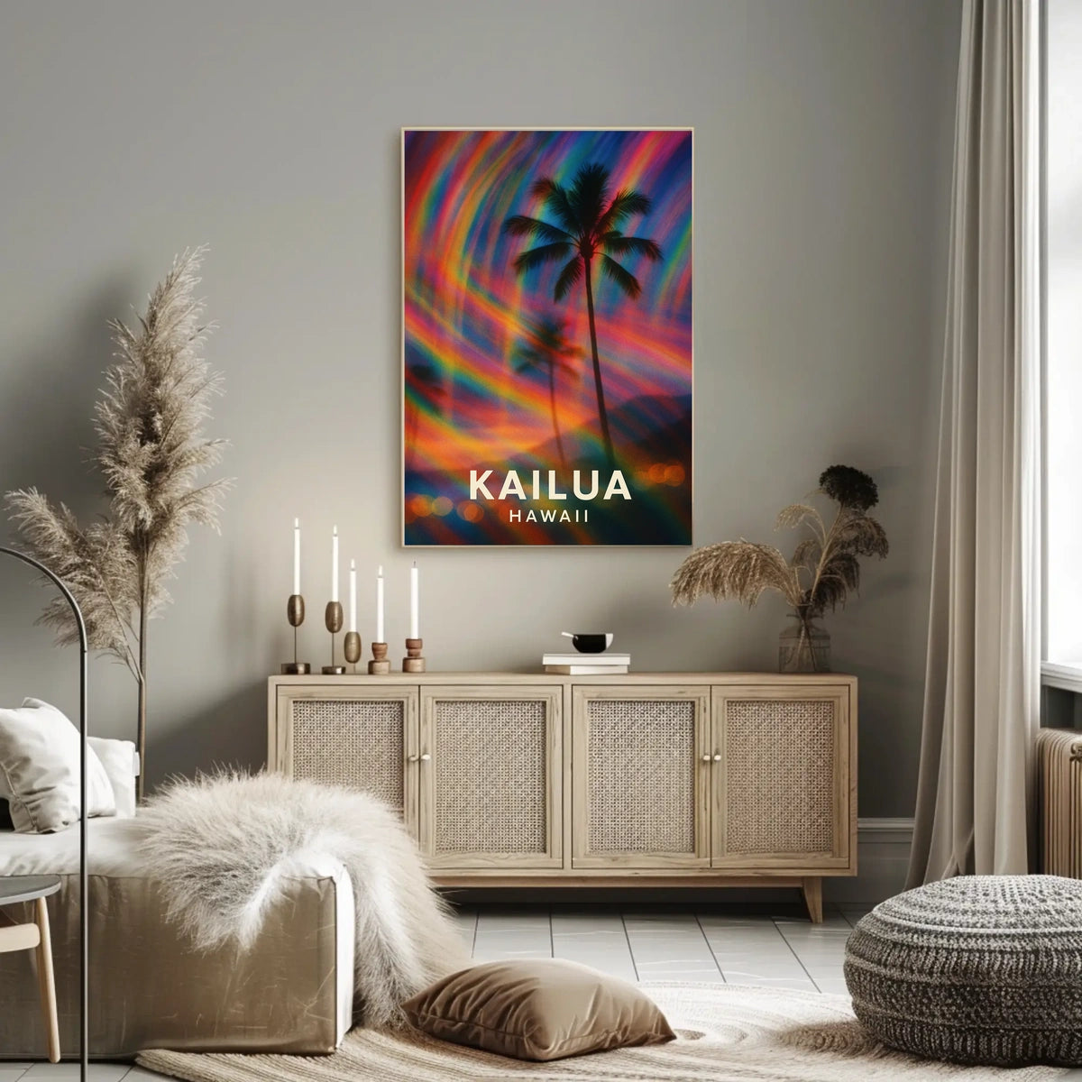 Tropical Kailua Palm Tree Abstract Art Surrealism Digital Painting Vibrant Hawaiian Paradise Sunset Colors Poster