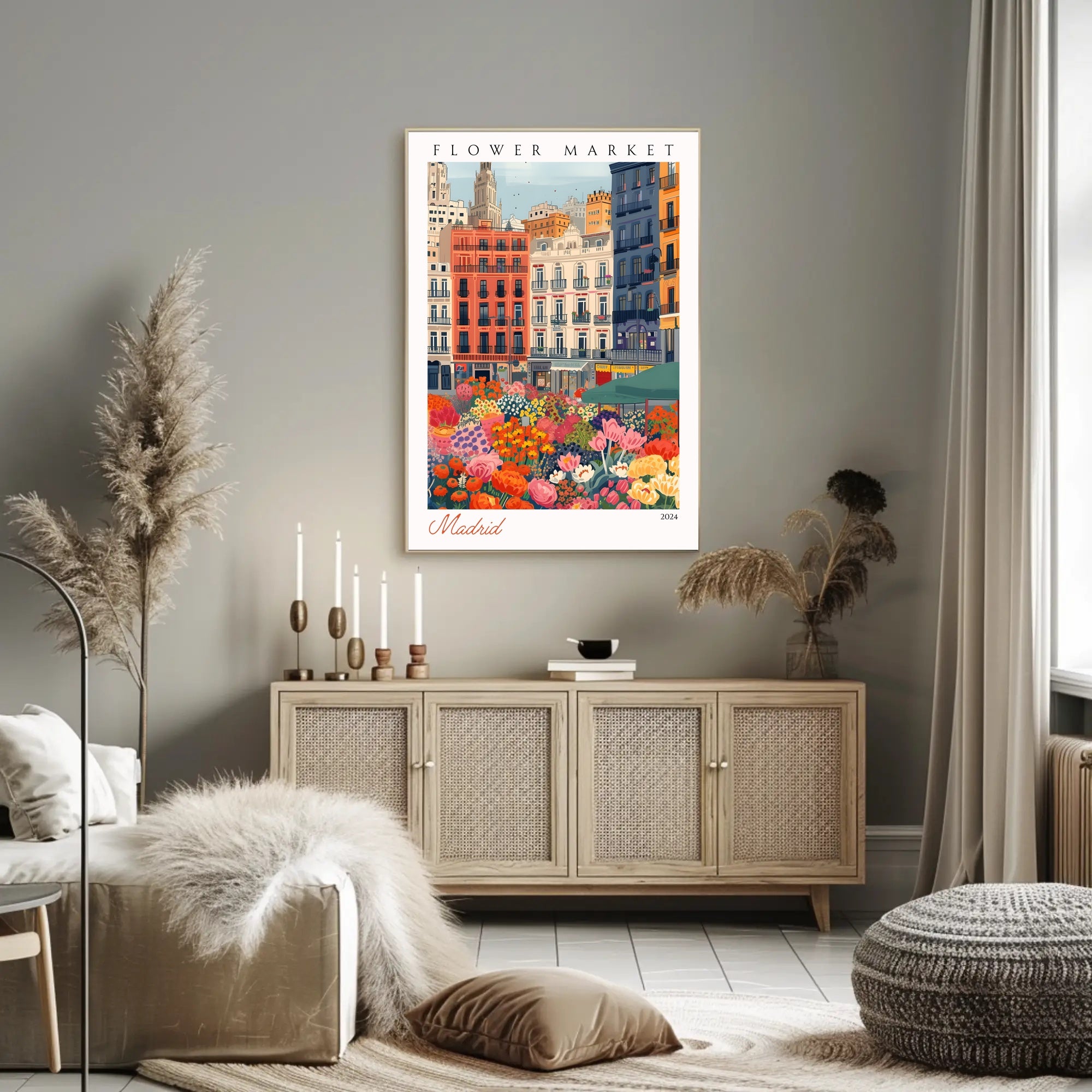 Vibrant Flower Market in Madrid Poster PosterGoat