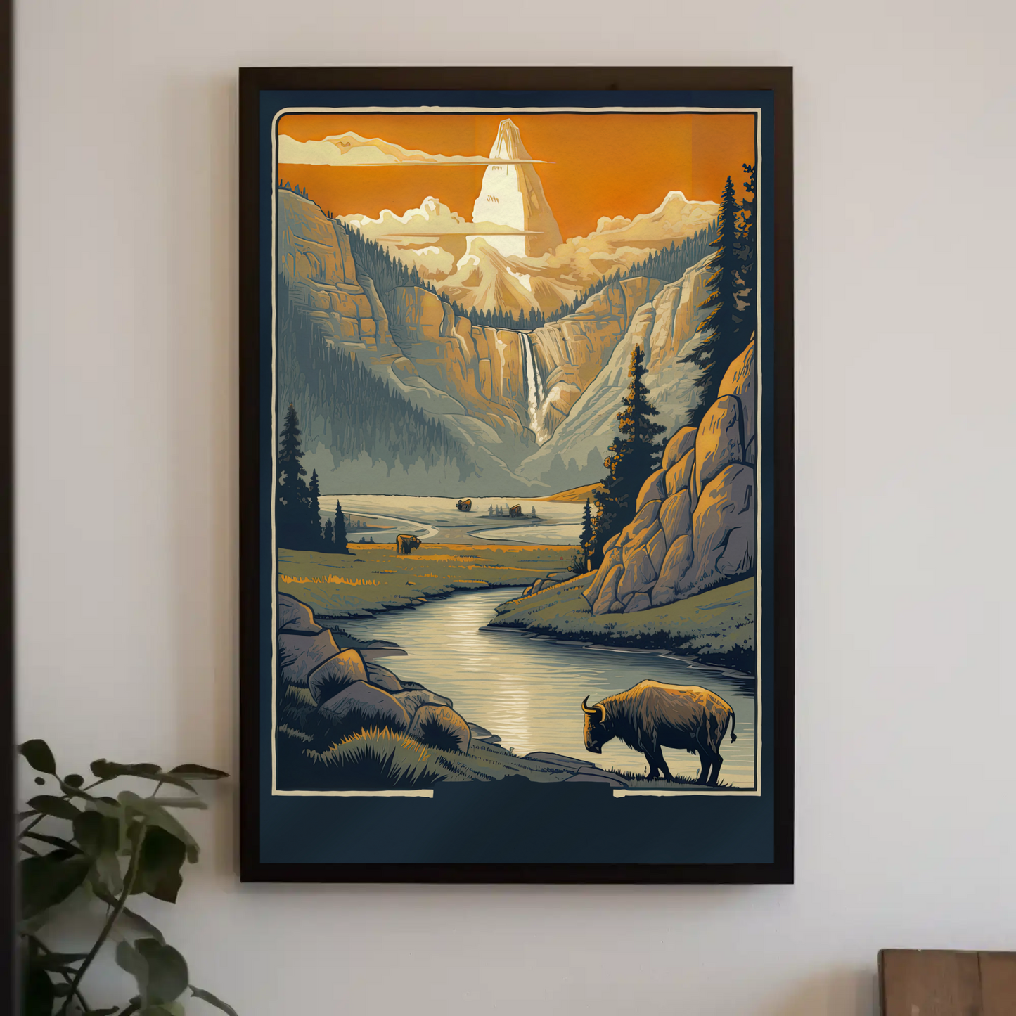 Mountain Valley Yellowstone Bison Scene Travel Poster