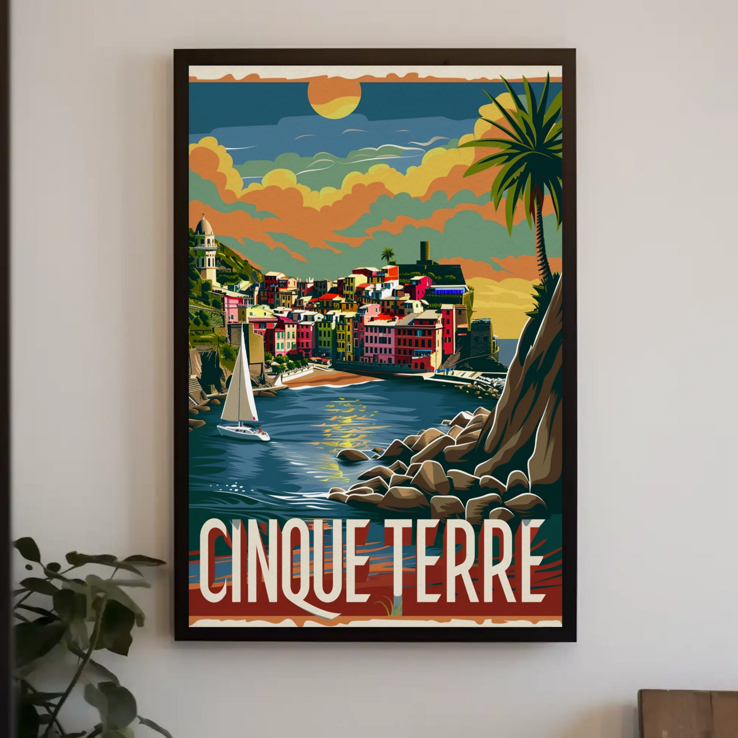 Cinque Terre Italy Sunset Seaside Travel Poster