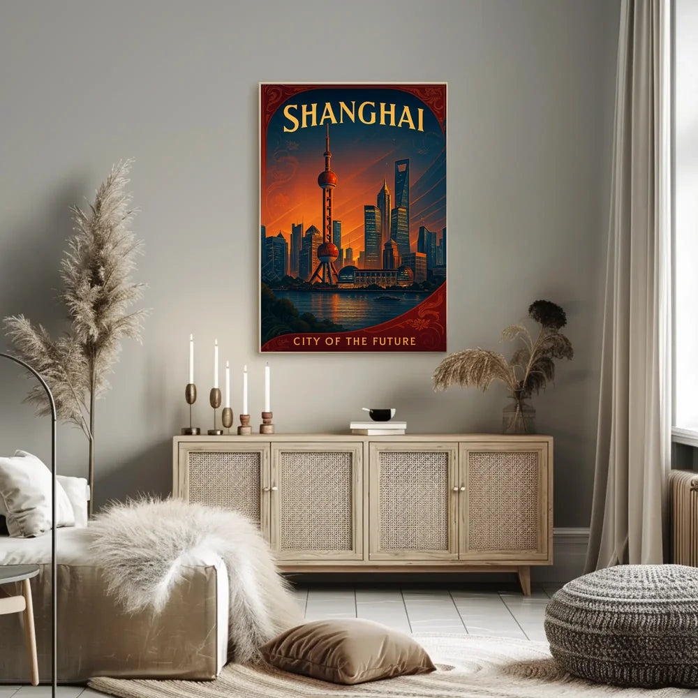 Shanghai Skyline Future Vision Retro Cityscape Urban Poster PosterGoat