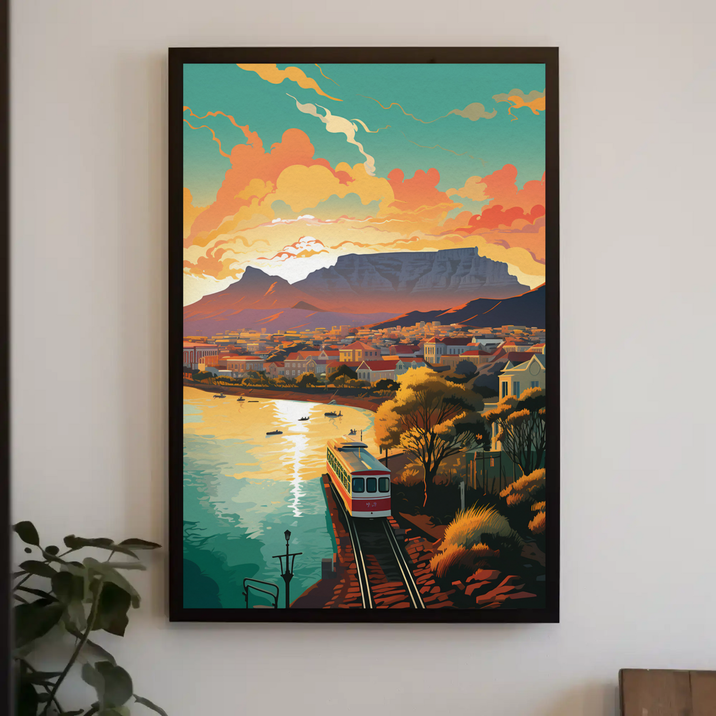 Cape Town Railway Train Coastal View Sunset Travel Poster