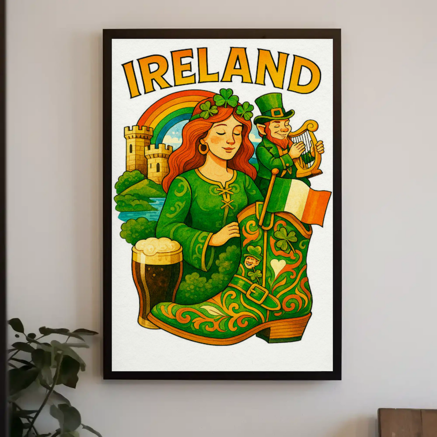 Ireland Folklore Rainbow Guinness Travel Poster