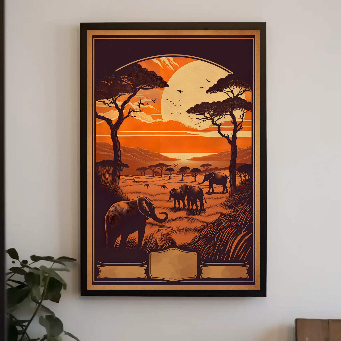 African Savanna Elephants Sunset Wildlife Travel Poster