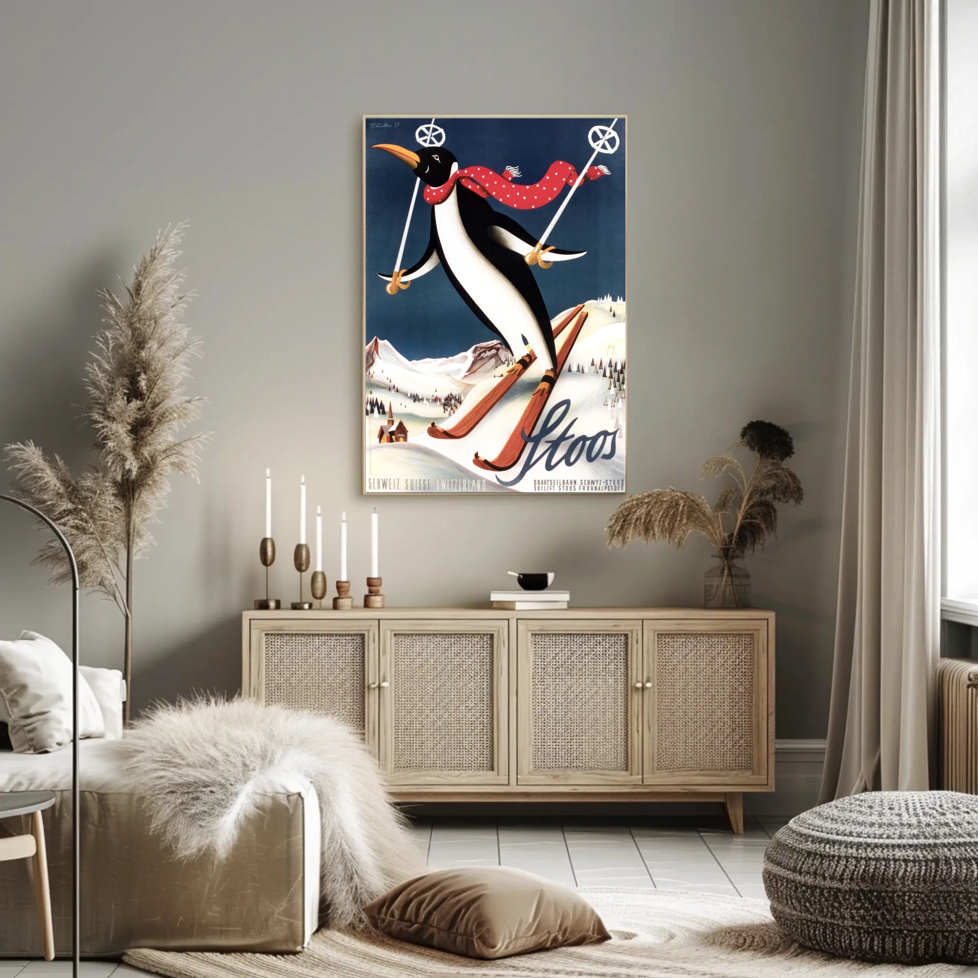Whimsical Penguin Ski Adventure Travel Poster PosterGoat