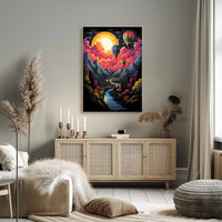 Vibrant Surreal Landscape Poster with Hot Air Balloons