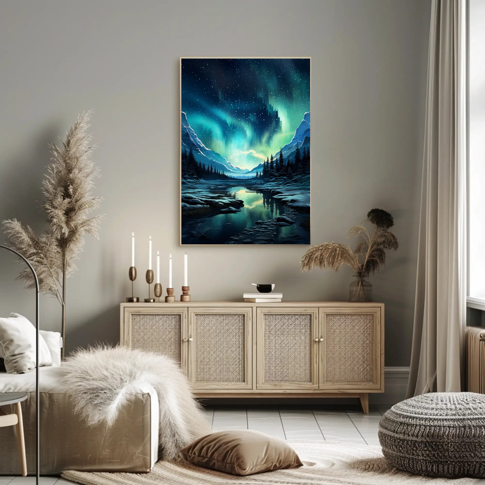 Aurora Borealis Over Snowy Mountains Poster