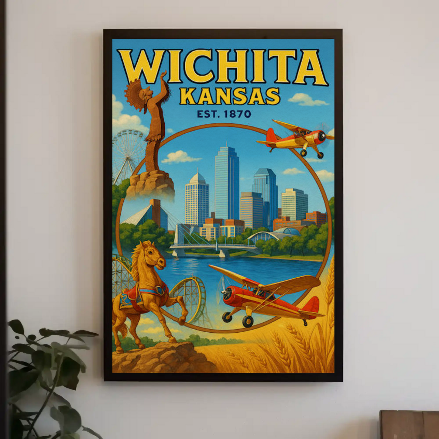 Wichita Kansas Skyline Airplane River Horse Poster Poster