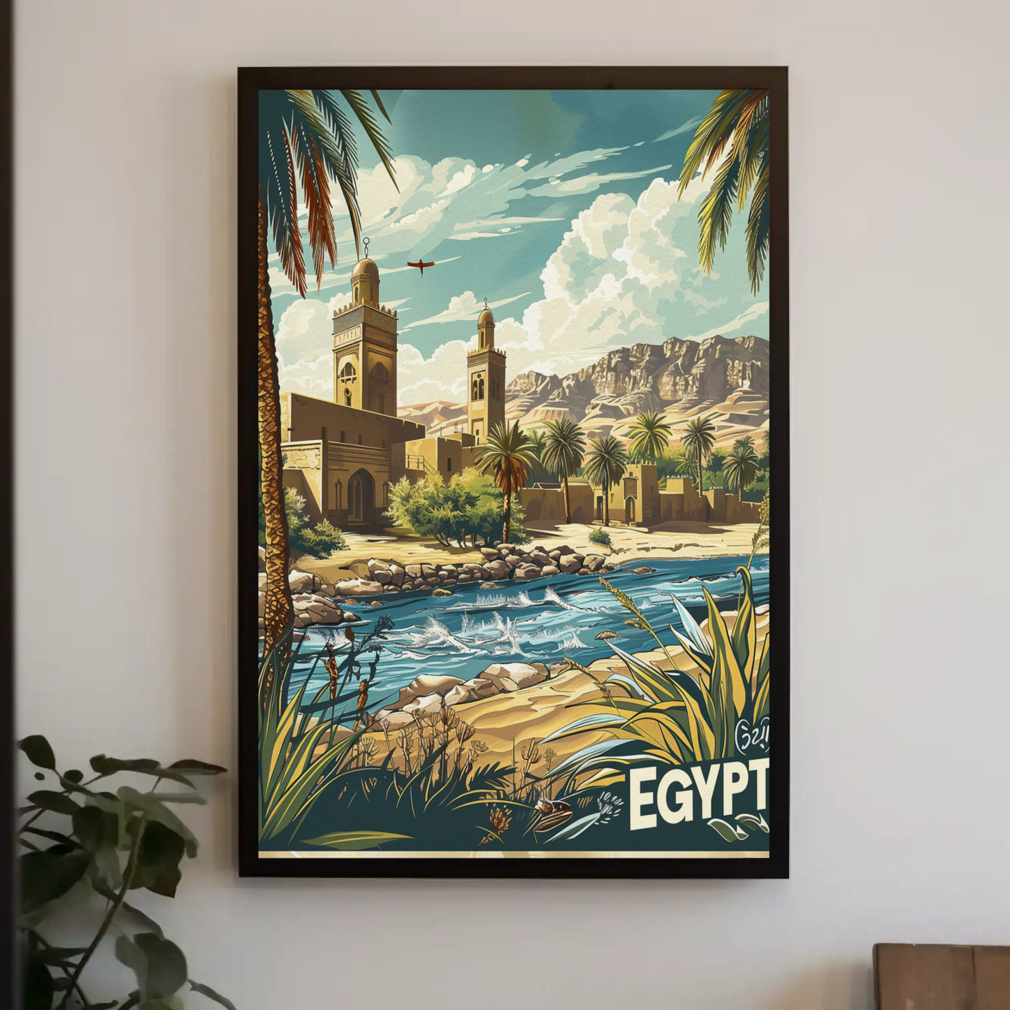 Egypt Desert Mosque and River Travel Poster