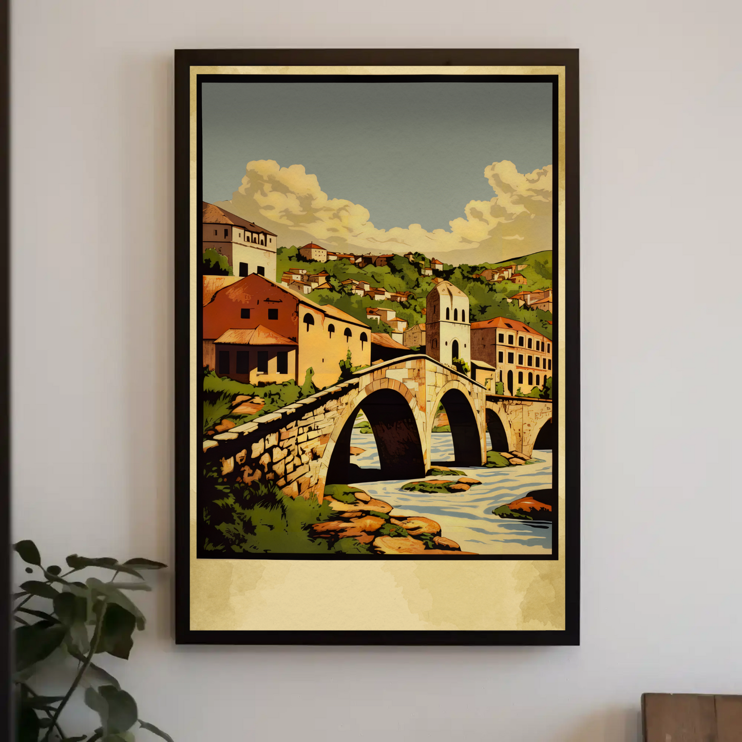 Stone Arch Bridge European Village Landscape Travel Poster