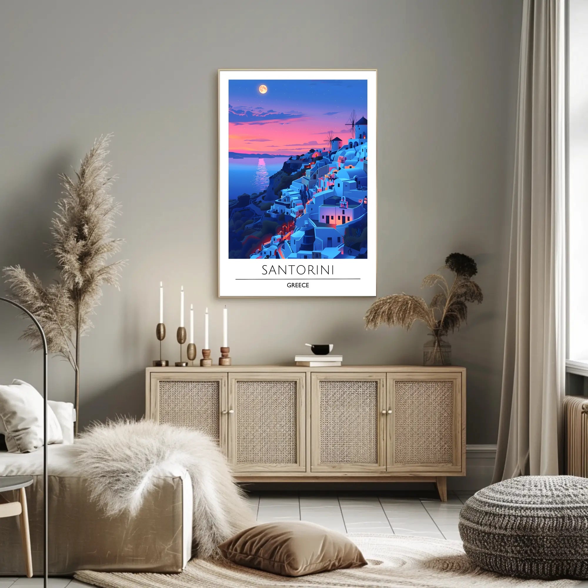 Santorini Sunset Travel Scene: Beautiful Mediterranean Landscape Poster