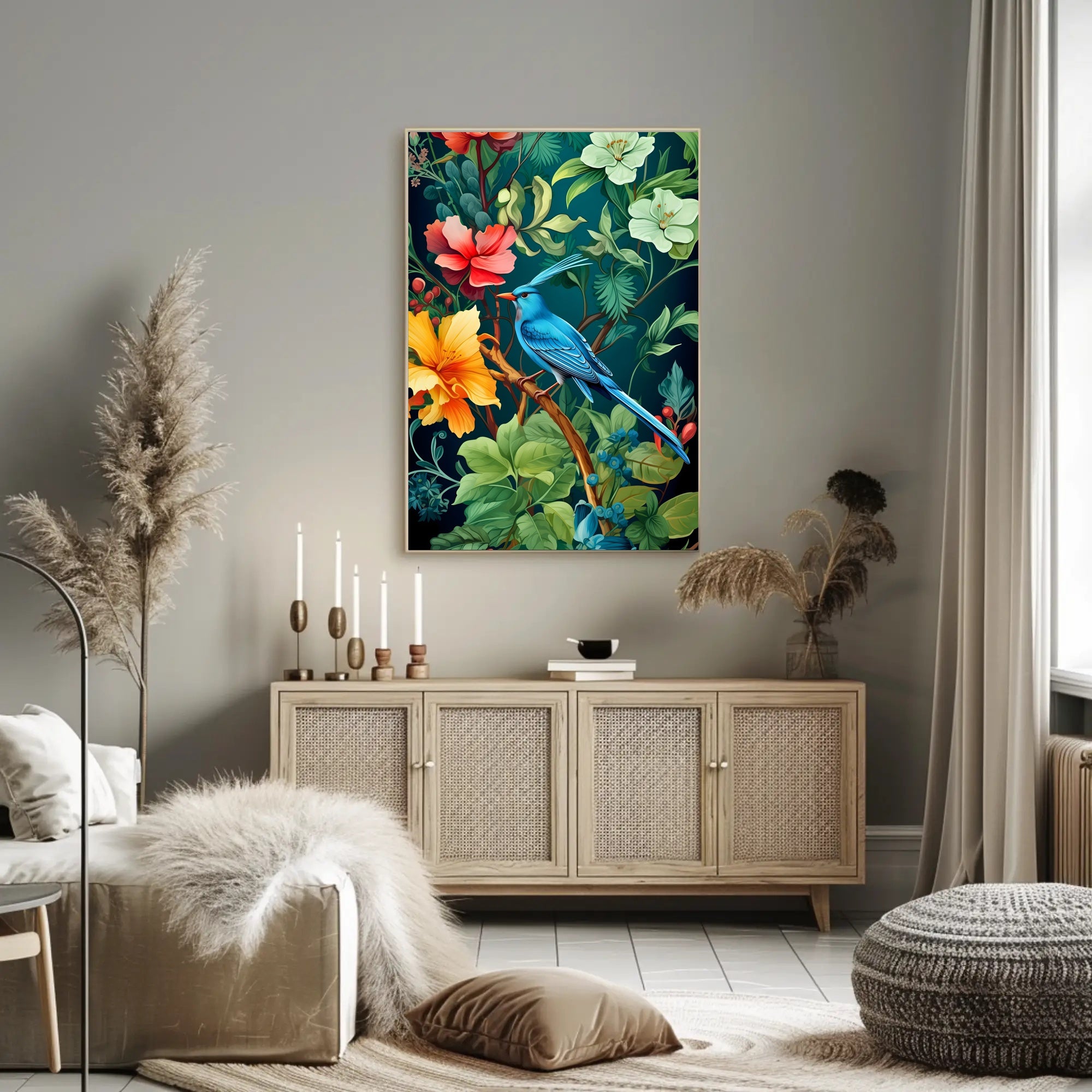 Tropical Bird and Flowers Vibrant Art Animal Poster