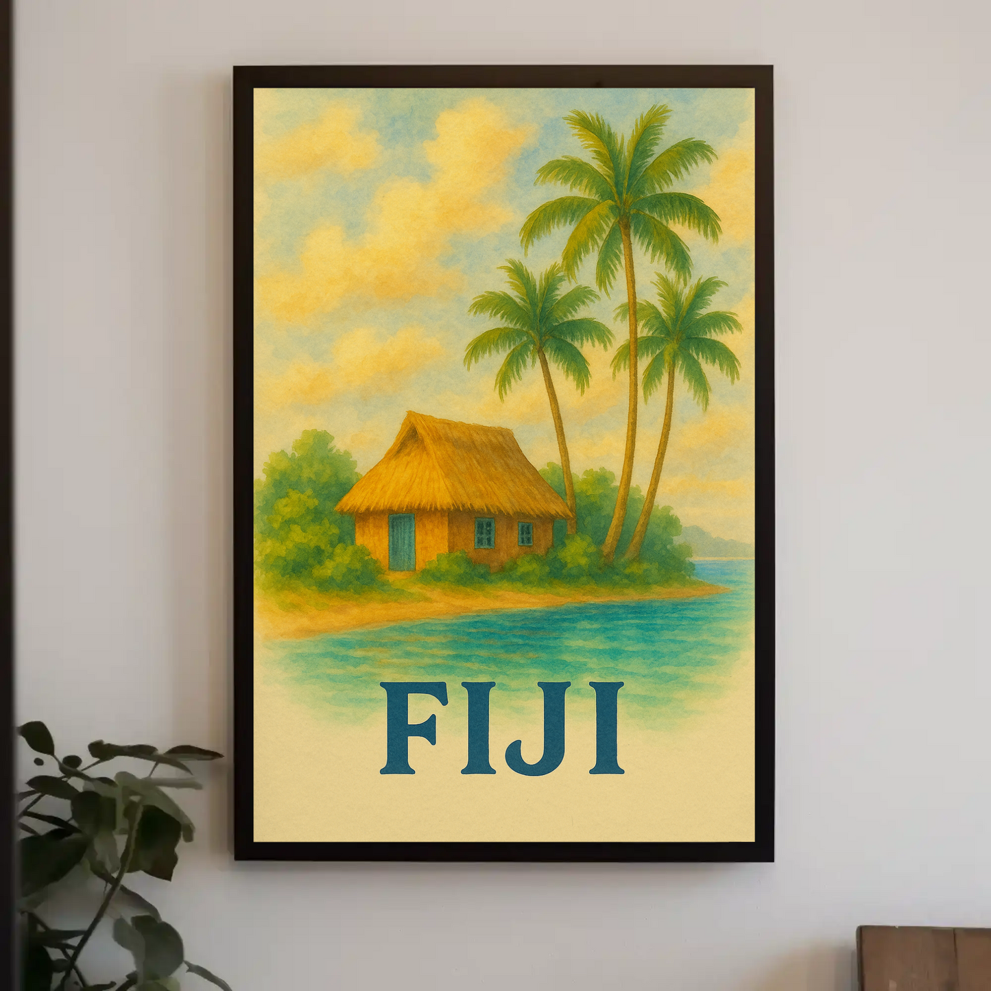 Fiji Tropical Hut Coastline Travel Poster