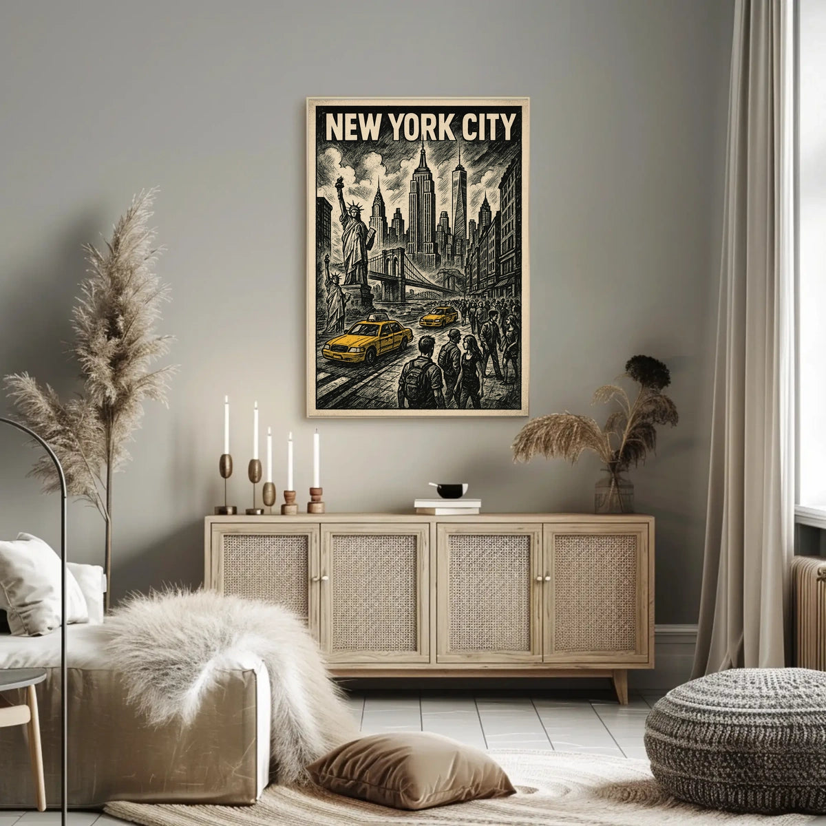 New York City Poster Vintage Travel Skyline Sketch Wall Art