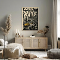 New York City Poster Vintage Travel Skyline Sketch Wall Art