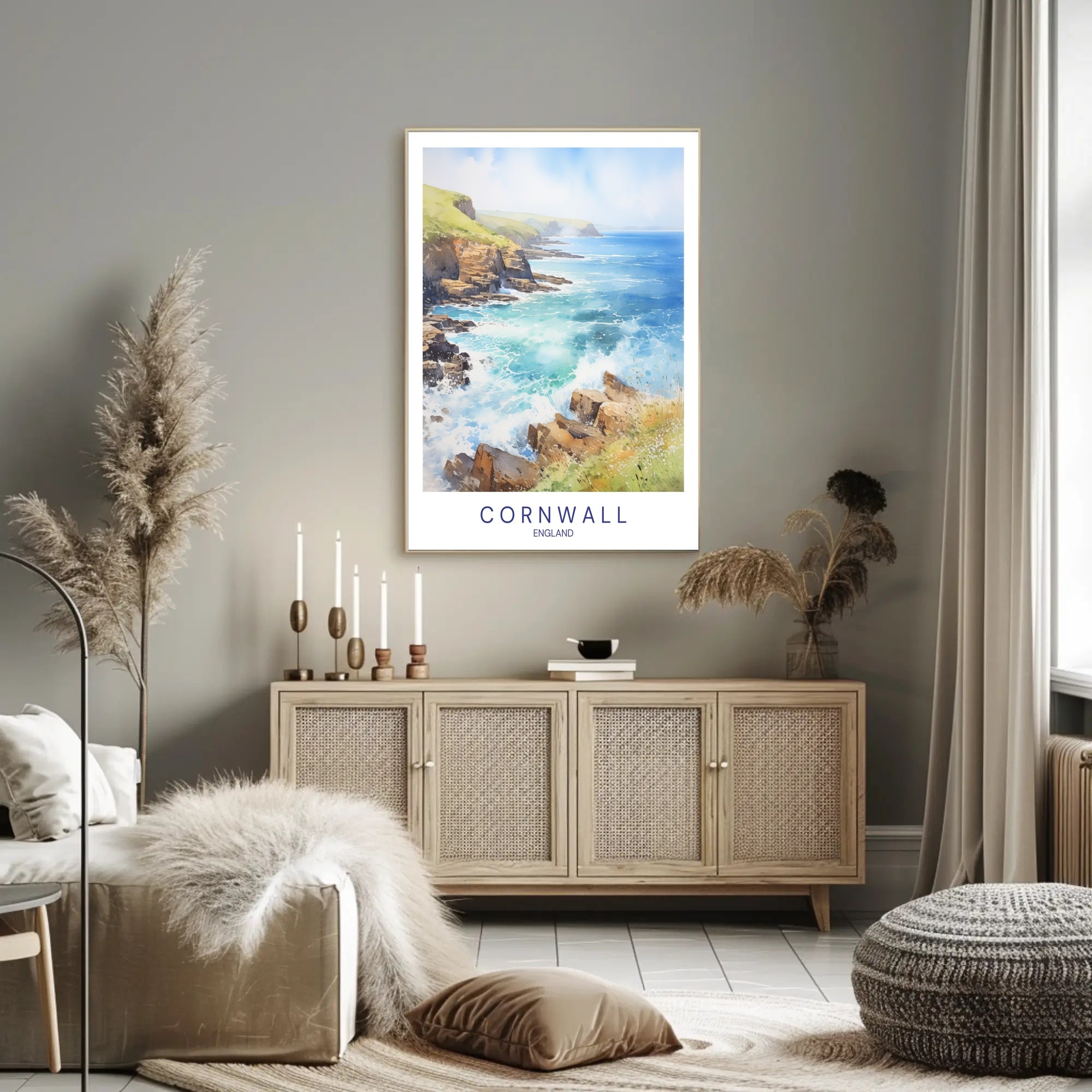 Cornwall Coastal Art: Serene Watercolor Travel Poster PosterGoat