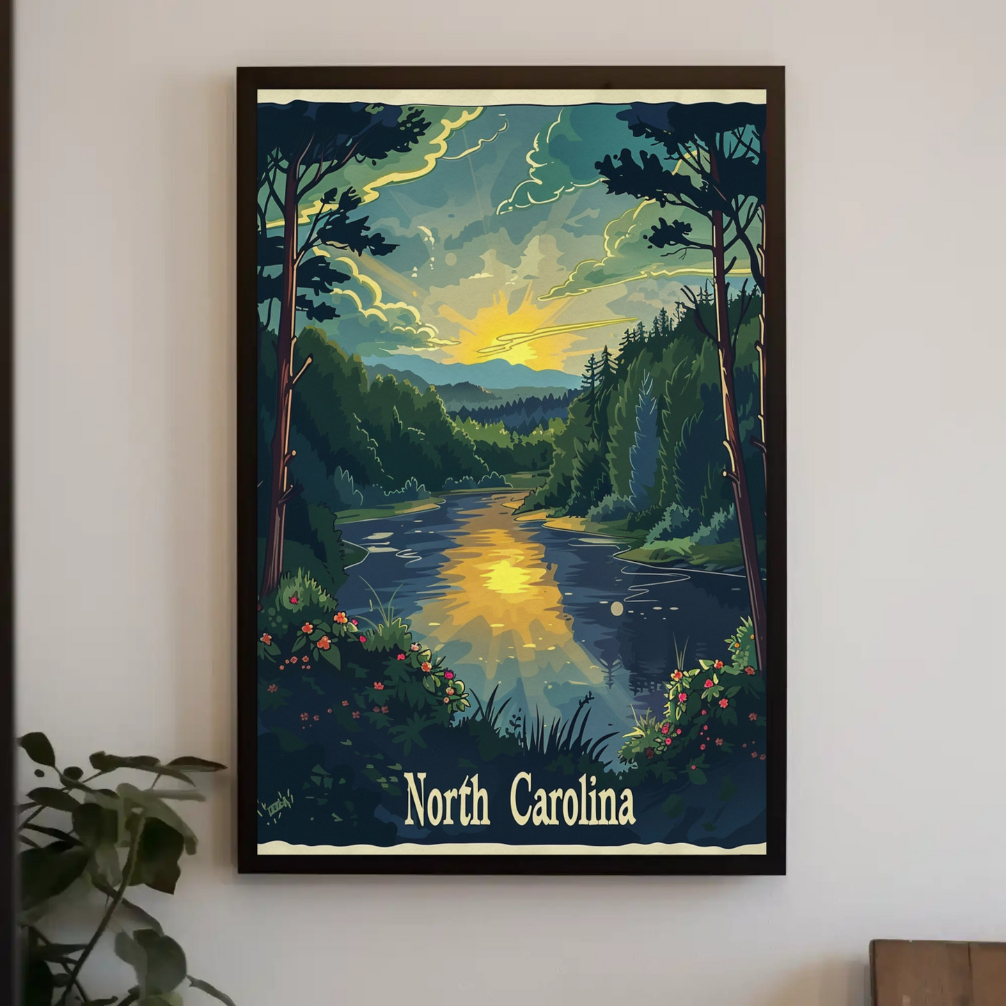 North Carolina Forest River Sunset Travel Poster