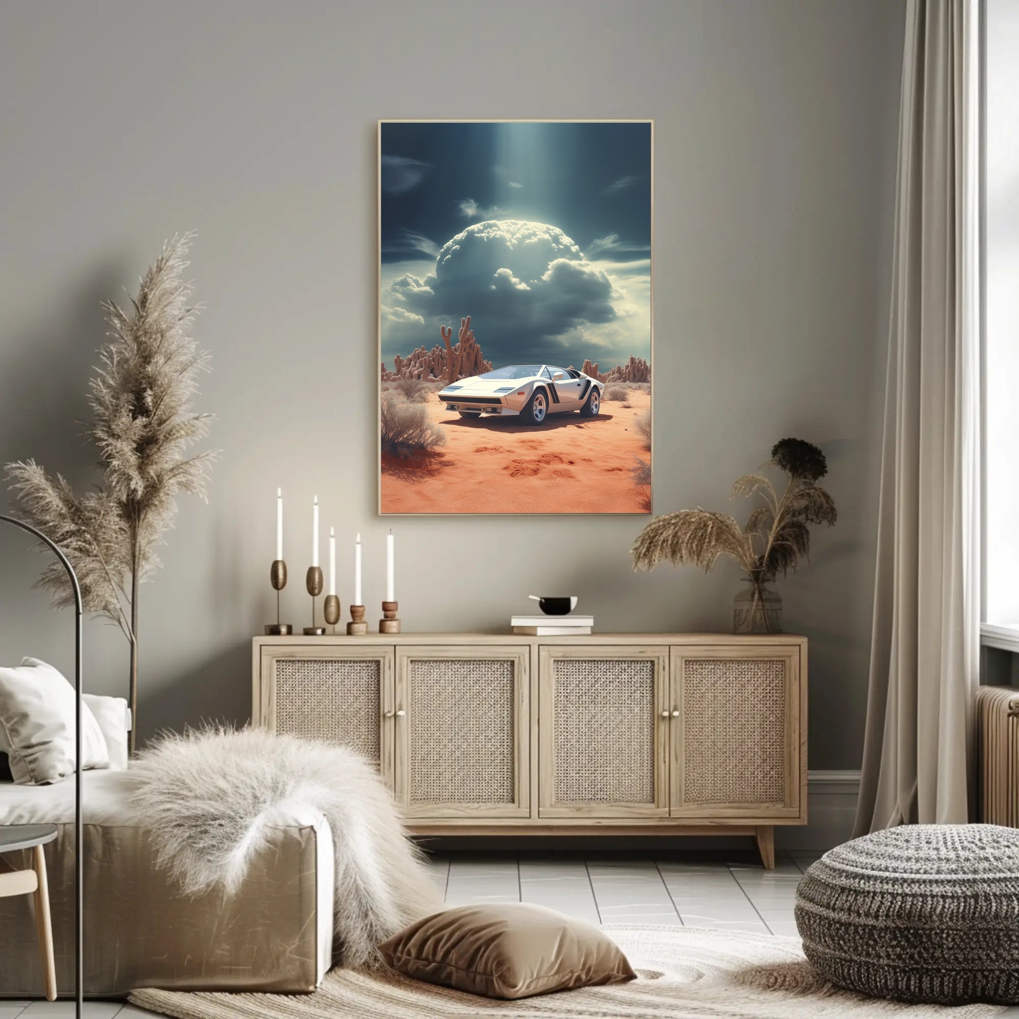 Retro Sports Car Desert Scene Art Poster