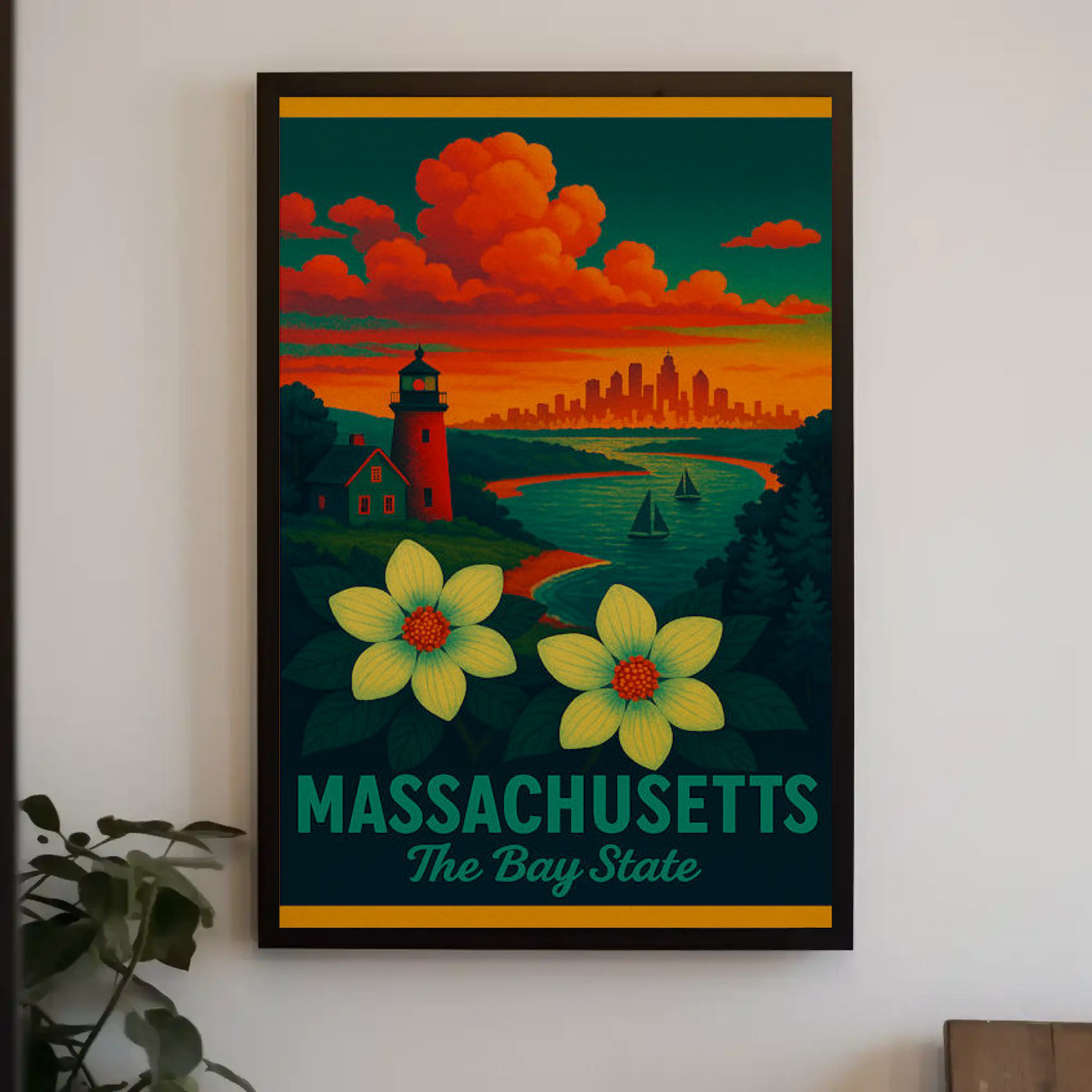 Massachusetts Bay State Sunset Lighthouse Flowers Poster