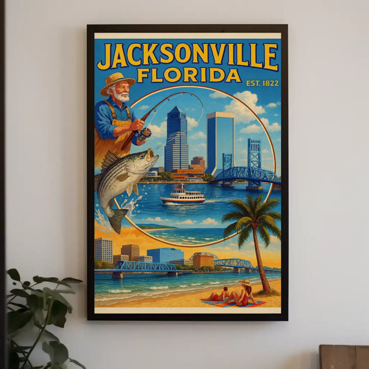 Jacksonville Florida Fishing Bridge Skyline Travel Poster