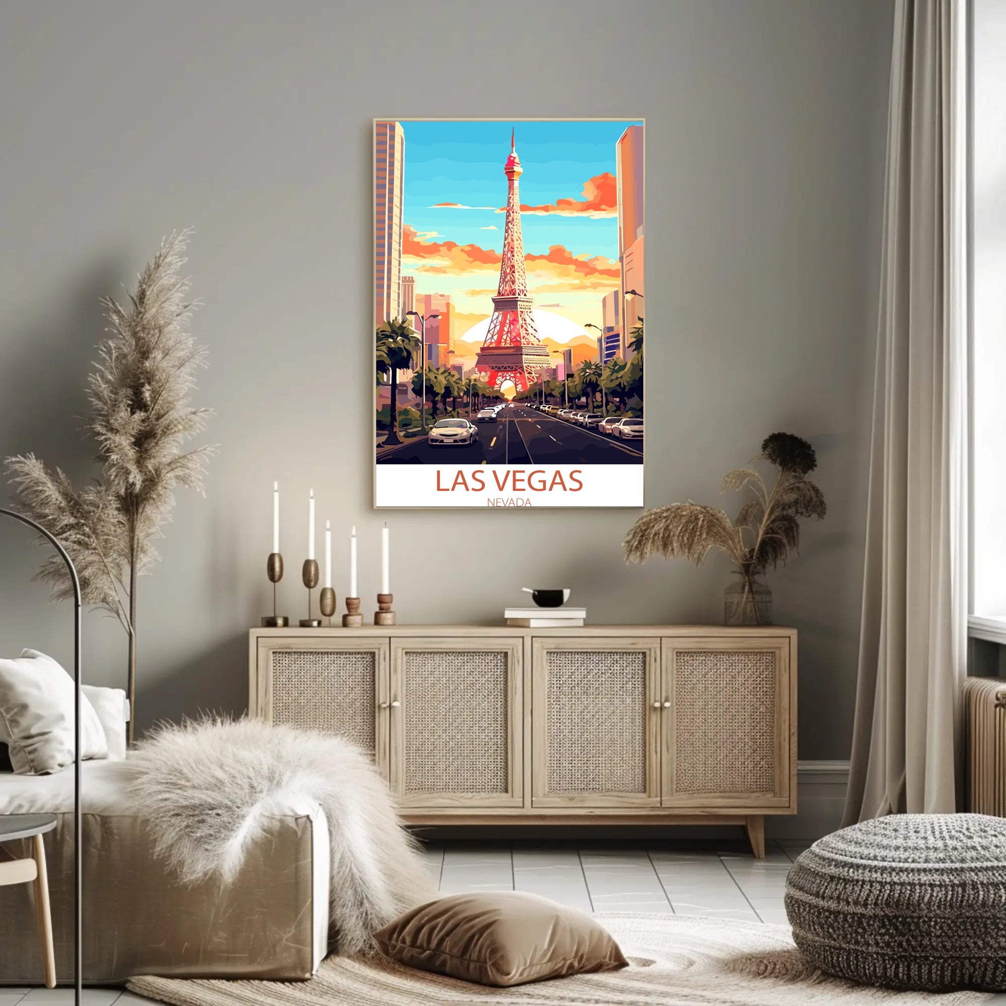 Las Vegas Cityscape with Eiffel Tower Travel Poster