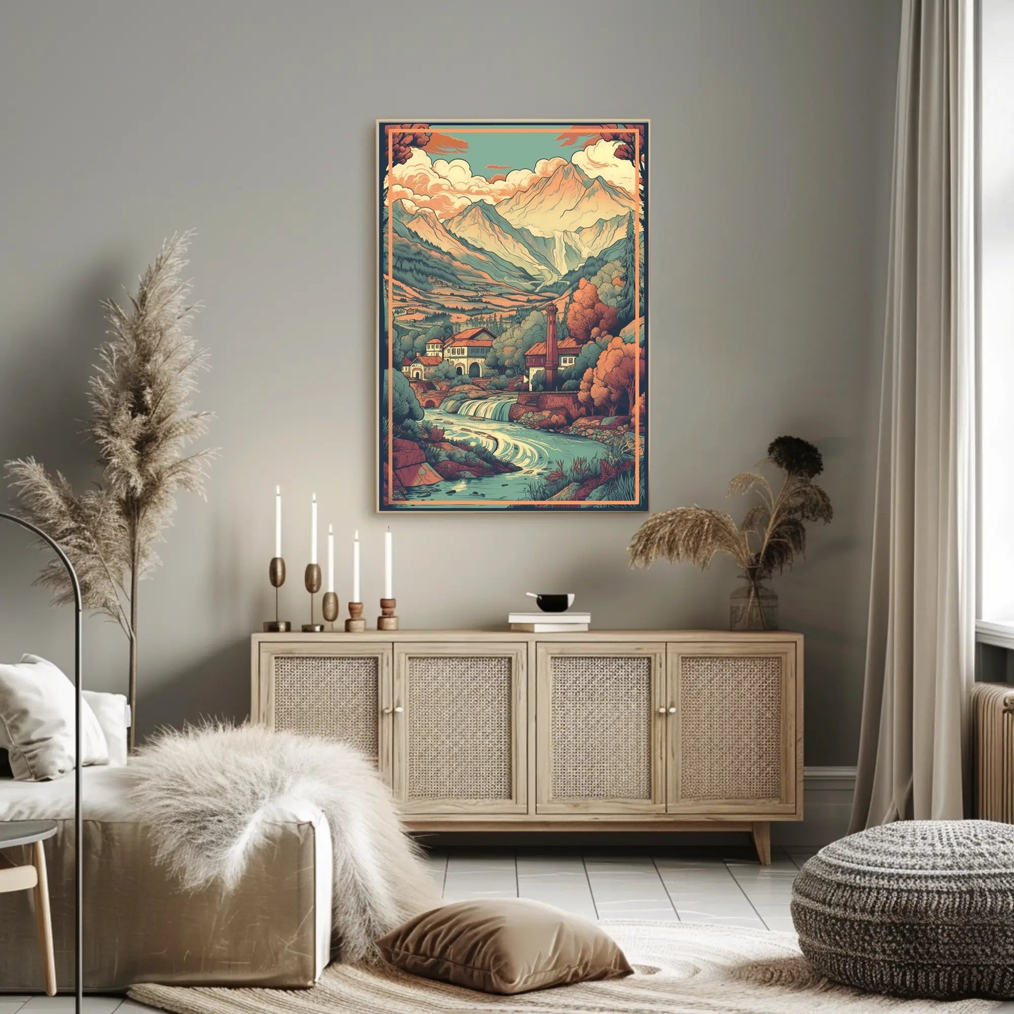 Serene Mountain Village: Tranquil Escape with Cascading River Poster