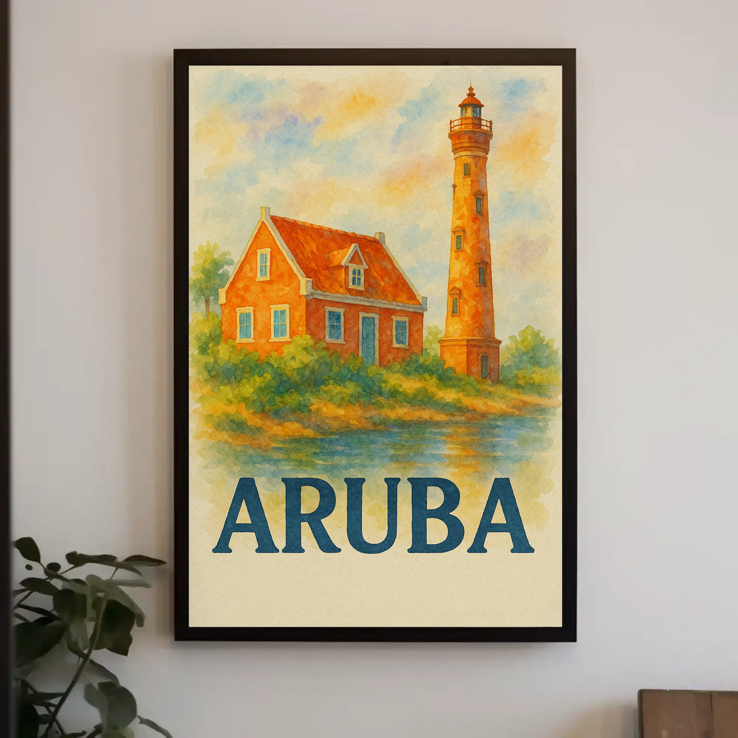 Aruba Lighthouse Ocean Hut Sunset Travel Poster