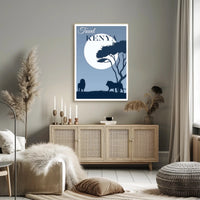 Kenya Silhouette Travel Print with Majestic Lions and Moonlight