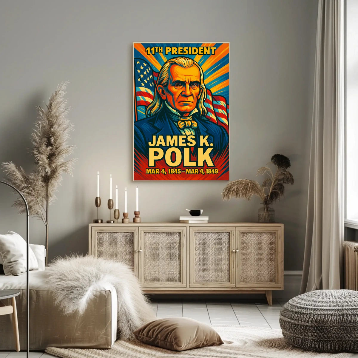 James K. Polk 11th President of the United States Colorful Comic Book Style Poster