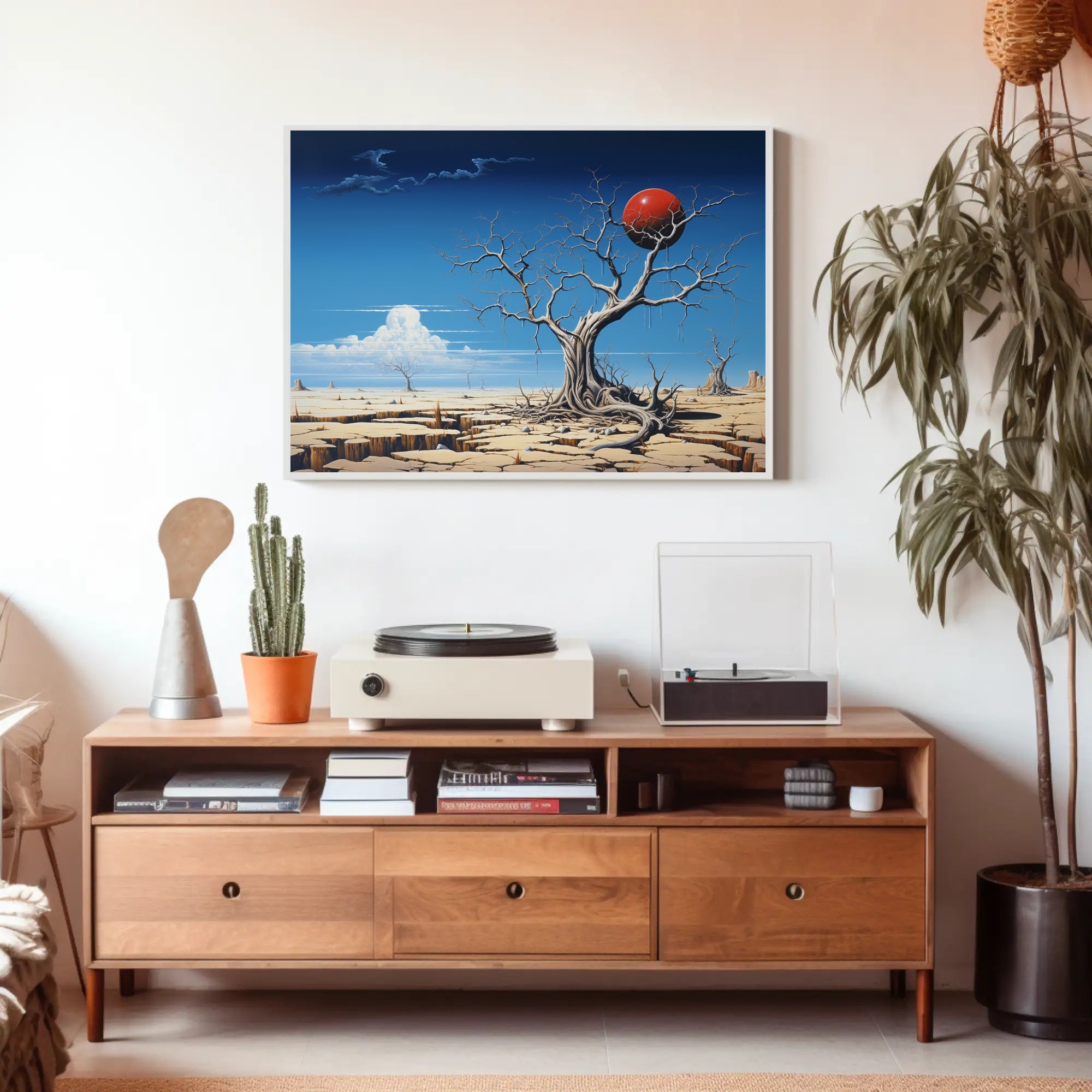 Surreal Desert Landscape with Red Sphere Artistic Poster